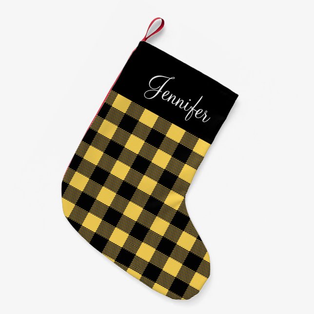 Personalised Rustic Yellow Buffalo Check  Small Christmas Stocking (Front (Hanging))