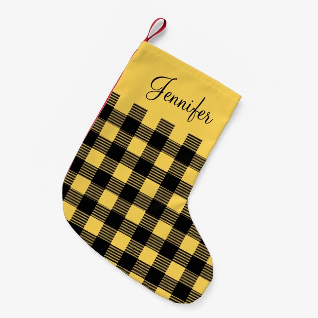 Personalised Rustic Yellow Buffalo Plaid Small Christmas Stocking (Front (Hanging))