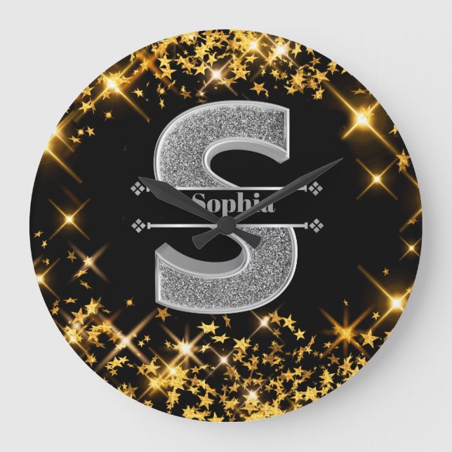Personalised S Initial Silver Monogram Your Name Large Clock (Front)