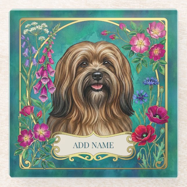 Personalised Sable Lhasa Apso Floral Glass Coaster (Front)
