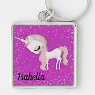 Personalised Sad Whimsical Unicorn on Pink Key Ring
