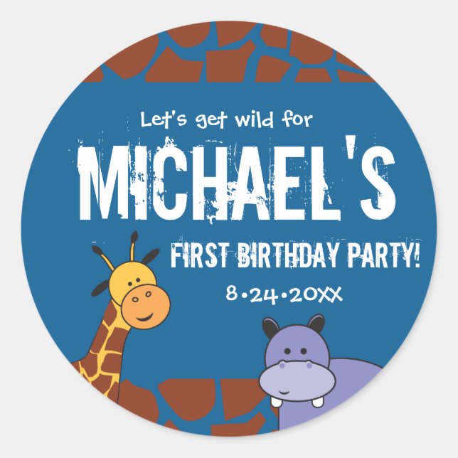 Personalised Safari 1st Birthday blue background Classic Round Sticker (Front)