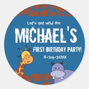 Personalised Safari 1st Birthday blue background Classic Round Sticker