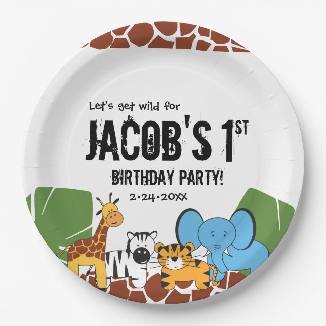 Personalised Safari 1st Birthday party Paper Plate (Front)