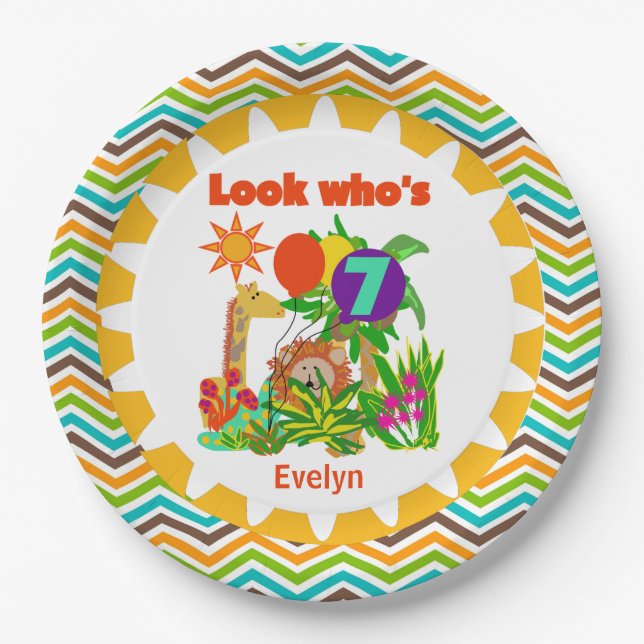 Personalised Safari 7th Birthday Paper Plates (Front)