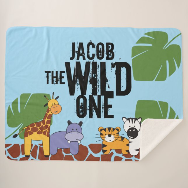 Personalised Safari Animal Illustration Wild One Sherpa Blanket (Front (Horizontal))