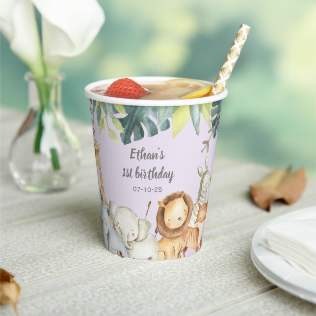 Personalised safari jungle animals 1st birthday  p paper cups (Insitu)