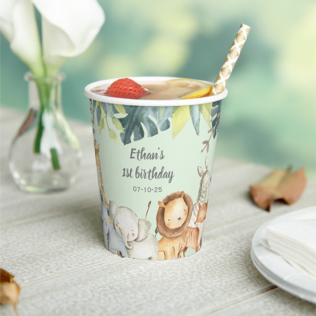 Personalised safari jungle animals mint birthday paper cups (Insitu)