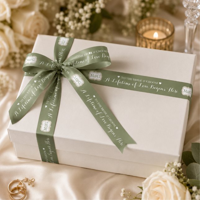Personalised Sage Bride Groom Monogram Wedding Satin Ribbon (Creator Uploaded)