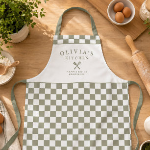 Personalised Sage Chequered Kitchen Custom Name Apron