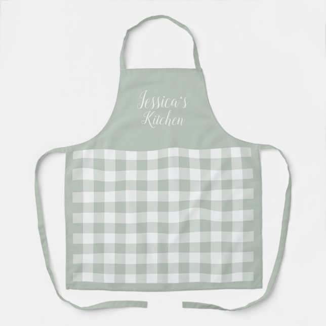 Personalised Sage Gingham Apron (Front)