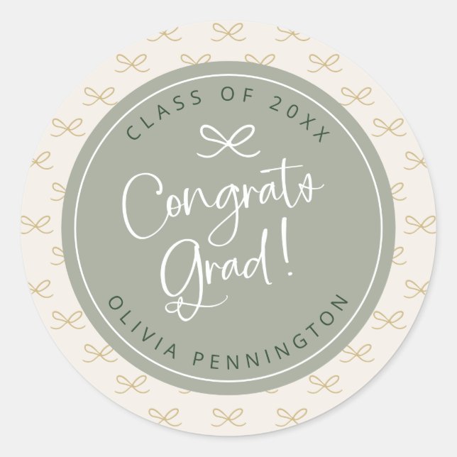 Personalised Sage Green Bow Girly  Classic Round Sticker (Front)