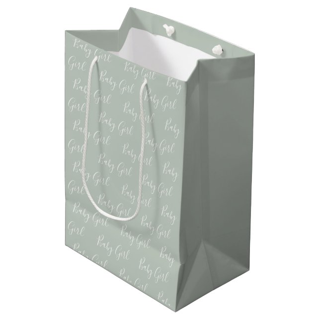 Personalised Sage Green Elegant Baby Girl Medium Gift Bag (Front Angled)
