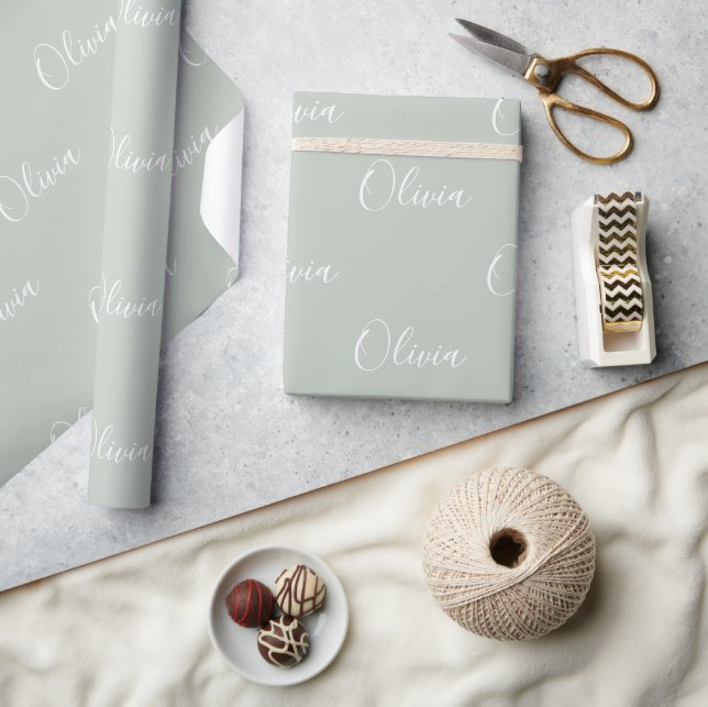Personalised Sage Green Elegant Name  Wrapping Paper (Crafts)