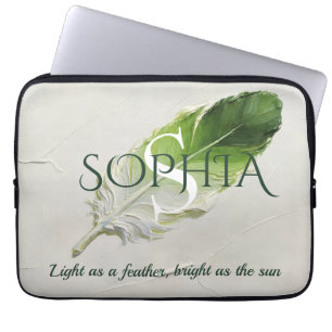 Personalised Sage Green Feather Monogram Laptop Sleeve