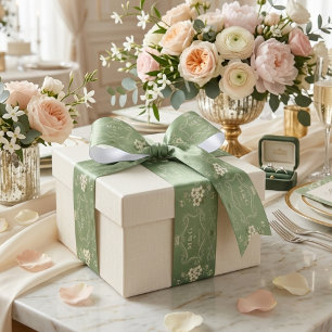 Personalised Sage Green Floral Wedding Engagement Satin Ribbon