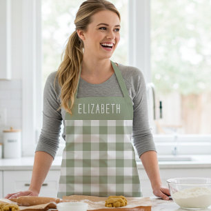 Personalised Sage Green Gingham Check Pattern Apron