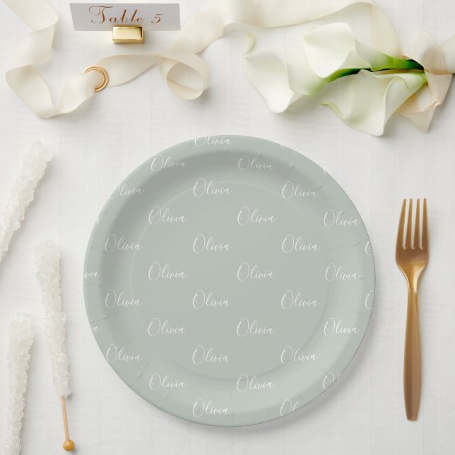 Personalised Sage Green Girly Elegant Name  Paper Plate (Wedding)