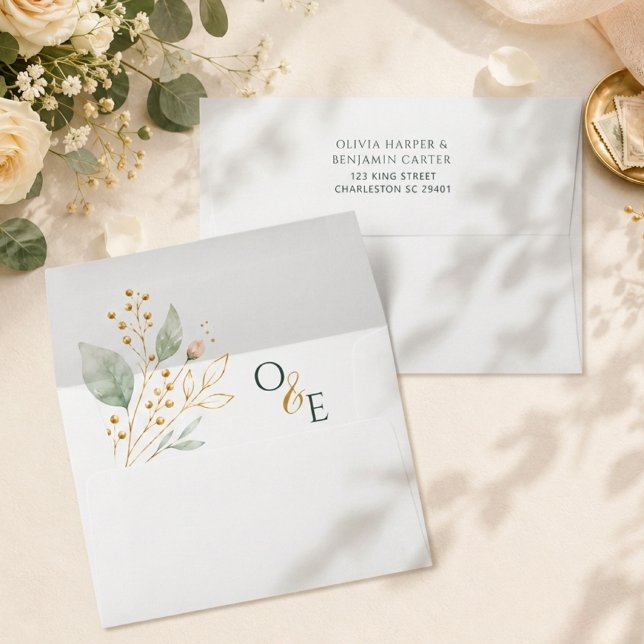 Personalised Sage Green Gold Botanical Monogram  Envelope (Creator Uploaded)