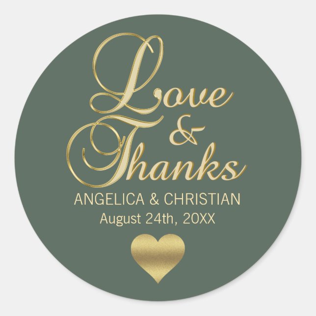Personalised SAGE GREEN Gold LOVE & THANKS Wedding Classic Round Sticker (Front)