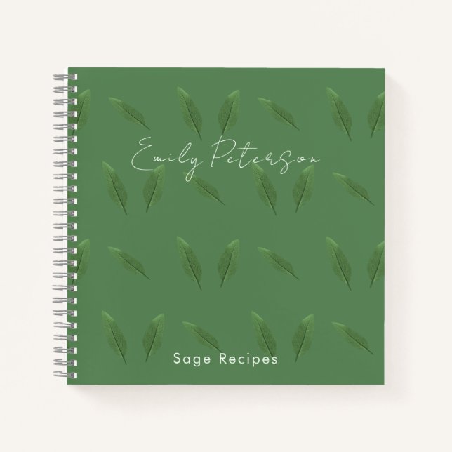 Personalised Sage Green Leaves Pattern Cook Recipe Notebook (Front)
