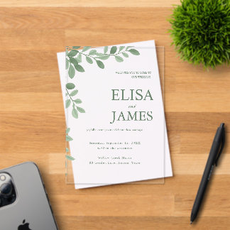 Personalised Sage Green Minimal Botanical Wedding  Acrylic Invitations