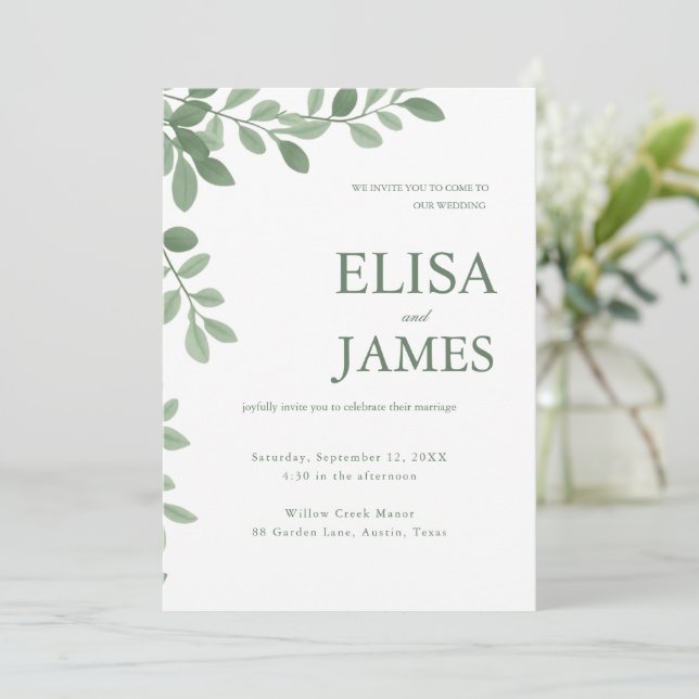Personalised Sage Green Minimal Botanical Wedding  Invitation (Standing Front)