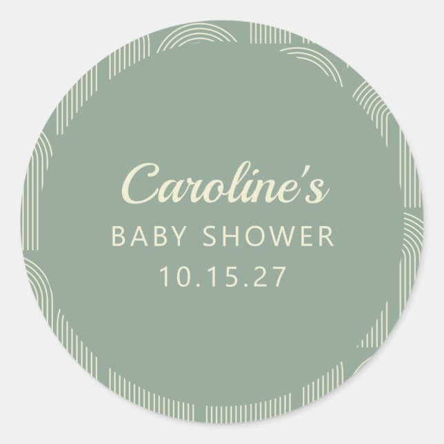 Personalised Sage Green Mod Geometric Baby Shower Classic Round Sticker (Front)
