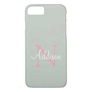 Personalised Sage Green Monogram Pink iPhone 8/7 Case