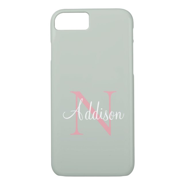 Personalised Sage Green Monogram Pink Case-Mate iPhone Case (Back)