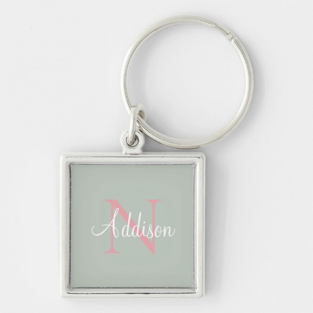 Personalised Sage Green Monogram Pink Key Ring (Front)