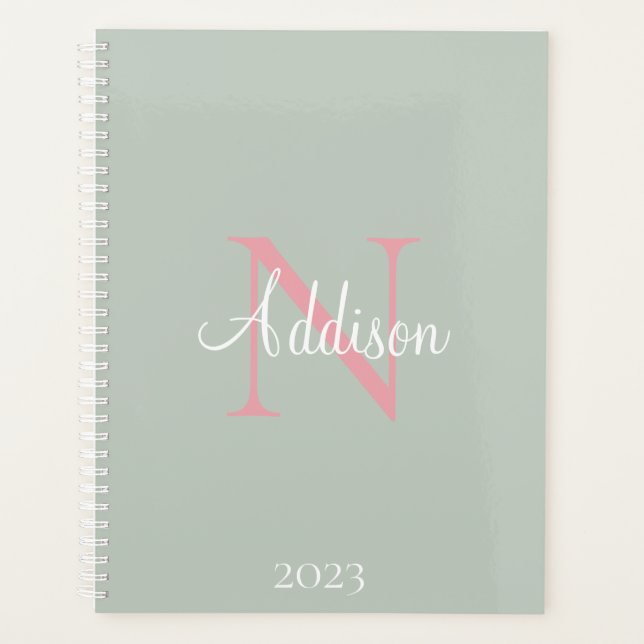 Personalised Sage Green Monogram Pink  Planner (Front)