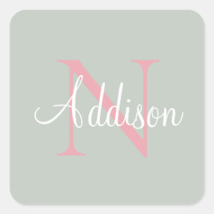 Personalised Sage Green Monogram Pink Square Sticker