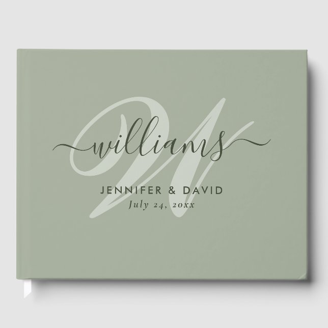 Personalised Sage Green Monogram Wedding Guest Boo Guest Book (Front)