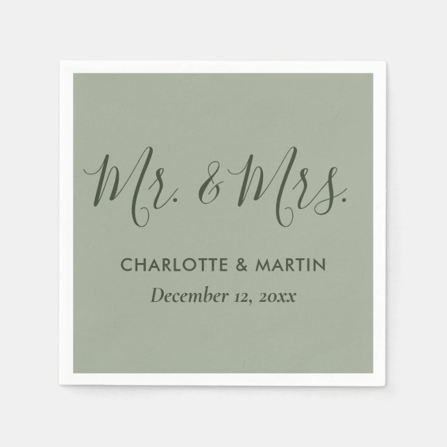 Personalised Sage Green Mr. and Mrs. Wedding Napkin (Front)