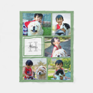 Personalised Sage Green Photo Collage Monogrammed Fleece Blanket