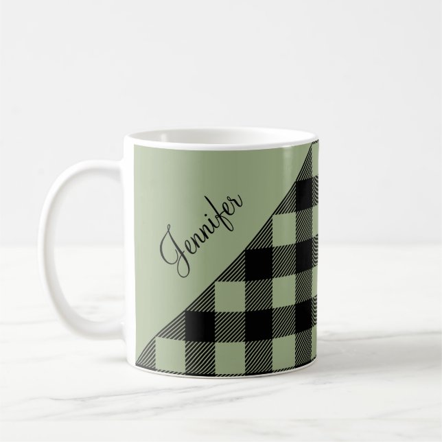 Personalised Sage Green Plaid Coffee Mug (Left)