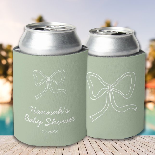 Personalised Sage Green Ribbon Baby Shower Favour Can Cooler (Personalized Sage Green Ribbon Baby Shower Favor Can Cooler)