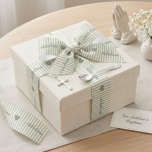 Personalised Sage Green Striped Heart Name Satin Ribbon