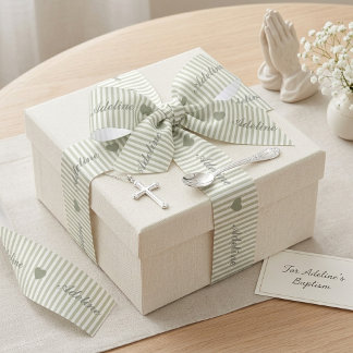 Personalised Sage Green Striped Heart Name Satin Ribbon