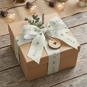 Personalised Sage Green Striped Wedding Monogram Satin Ribbon