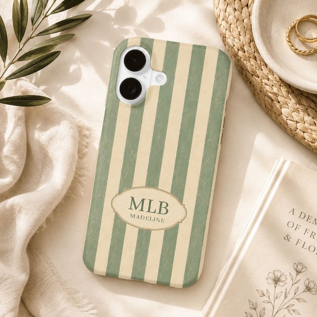 Personalised Sage Green Vintage Stripe Monogram  (Elegant personalized sage green striped phone case with custom monogram and vintage heirloom label.)