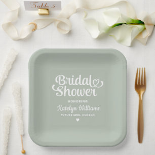 Personalised Sage Green Wedding Bridal Shower Paper Plate