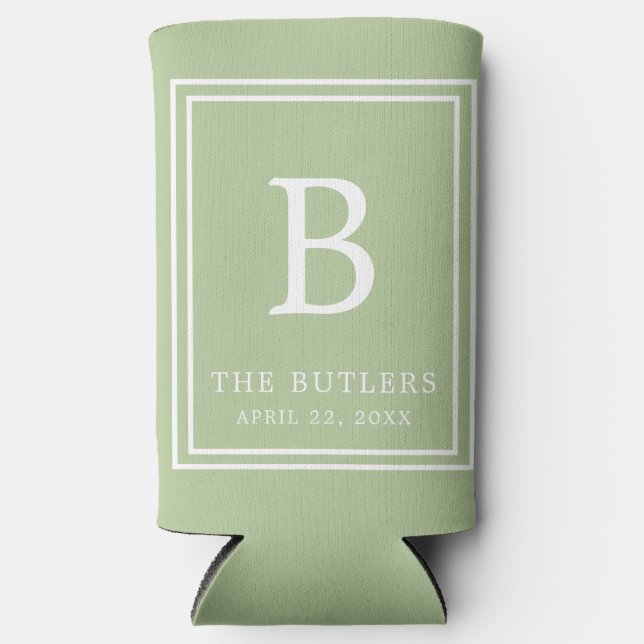 Personalised Sage Green Wedding Can Cooler (Front)