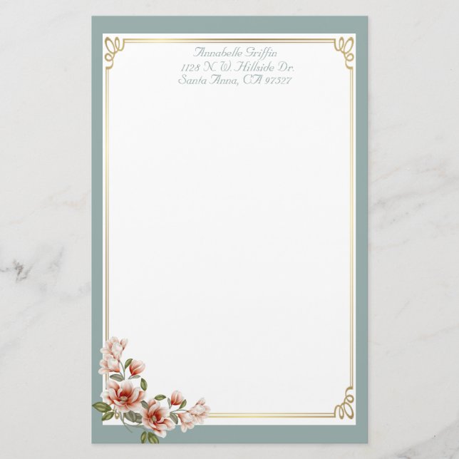 Personalised Sage Magnolia Stationery (Front)