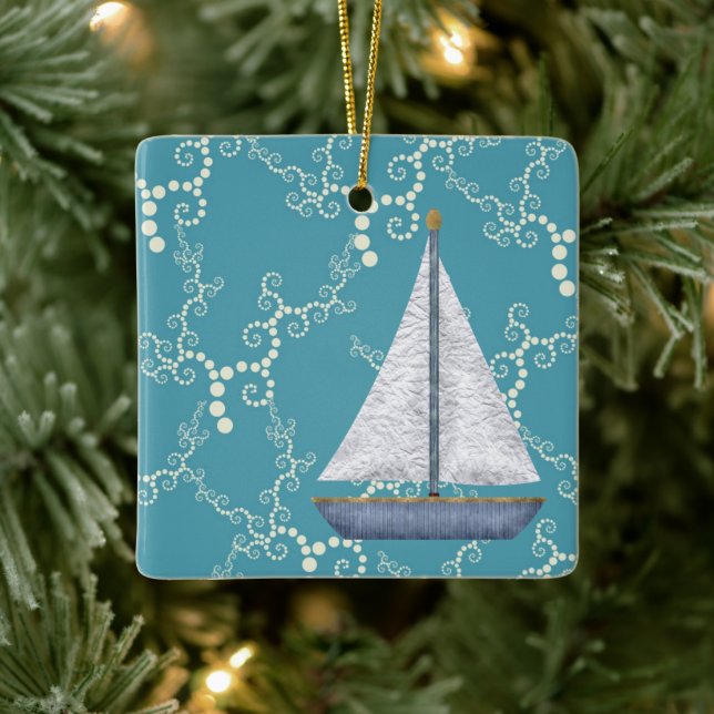 Personalised Sailboat Nautical Sailing Christmas Ceramic Ornament (Tree)