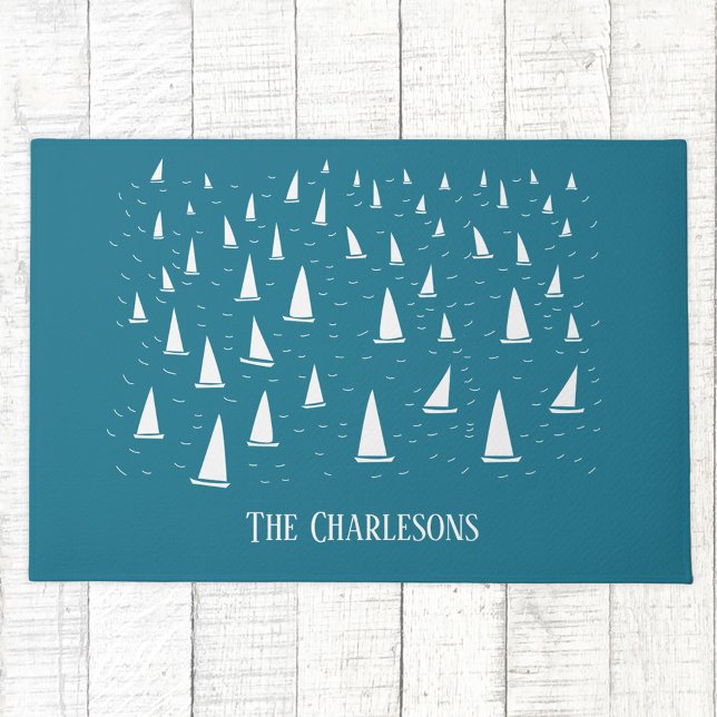 Personalised Sailing Boat Nautical Doormat (Sailing boat regatta personalized family name doormat)