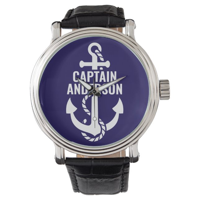 Personalised Sailorman Name Navy Anchor White Text Watch (Front)