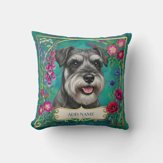 Personalised Salt & Pepper Schnauzer Teal Cushion (Front)