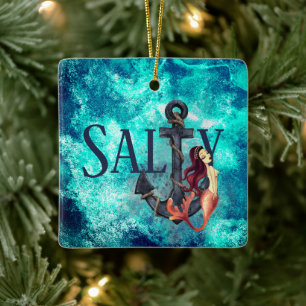 Personalised Salty Mermaid and Anchor Christmas Ceramic Ornament